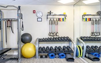 a gym with weights and a yoga ball